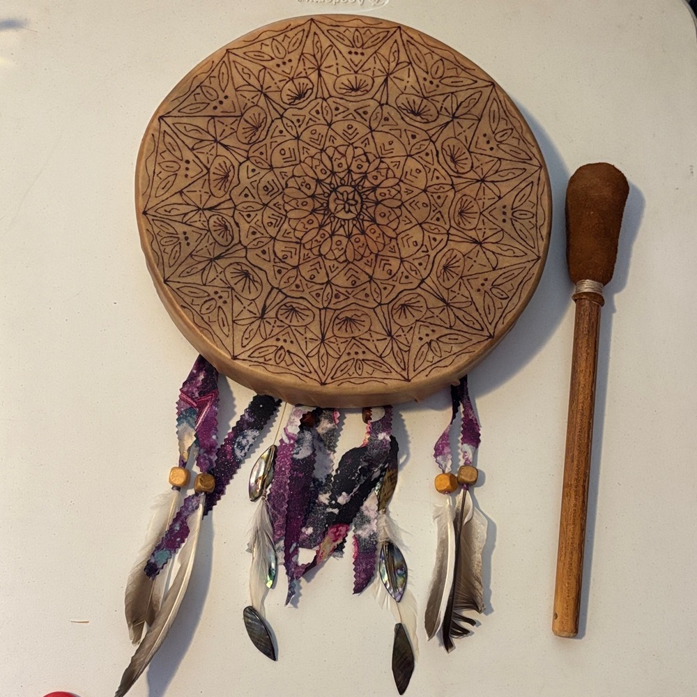 Hand Crafted Tan Leather Frame Drum with Purple Streamer Accents